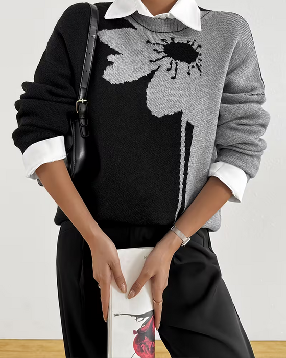 Color-Block Large Floral Jacquard Crewneck Pullover