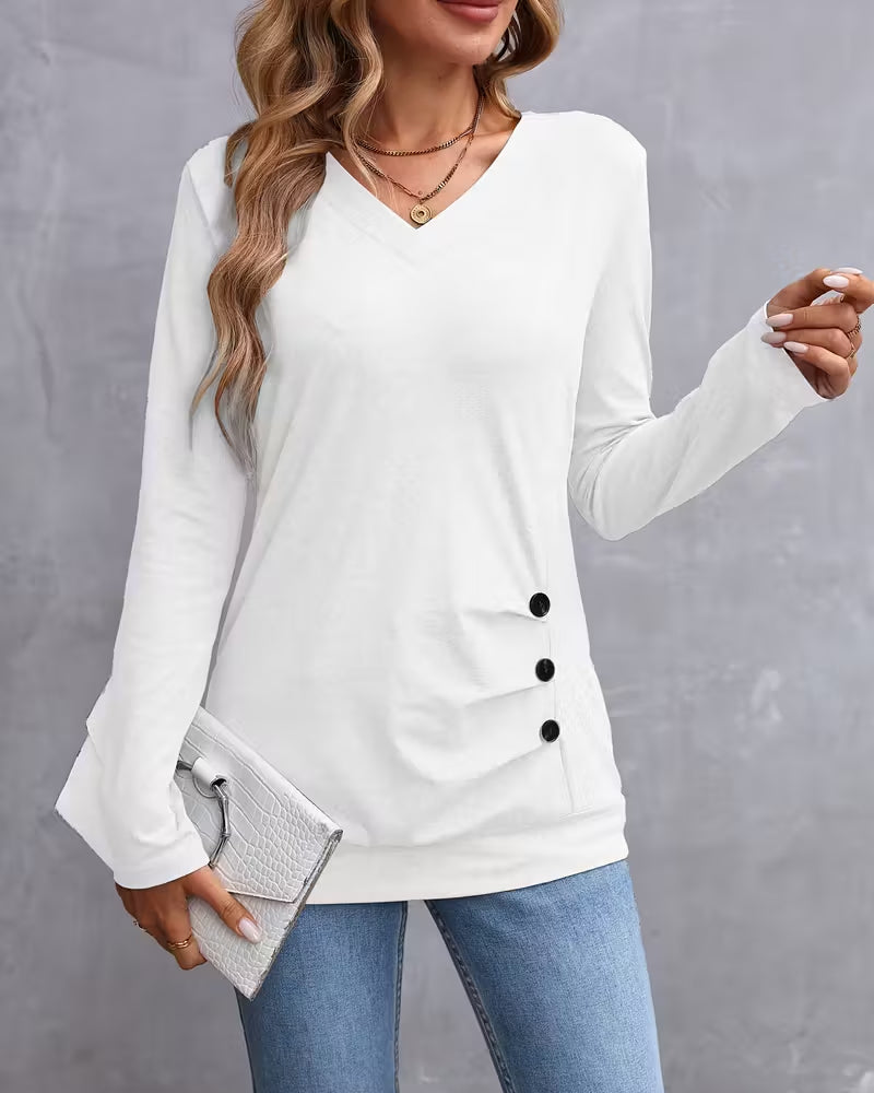 V-Neck Button-Down Long-Sleeved Top