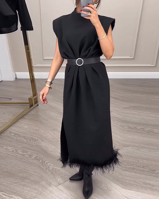 Sleeveless feather side slit dress