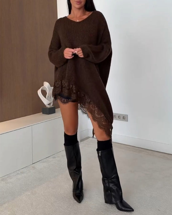 V-Neck Lace Panel Irregular Knit Pullover