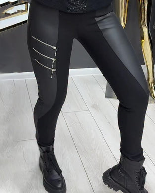 PU Patchwork Zipper Embellished Legging