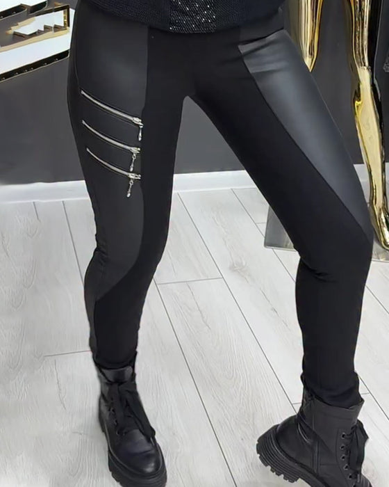 PU Patchwork Zipper Embellished Legging