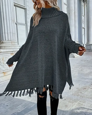Turtleneck Batwing Sleeve Tassel Sweater