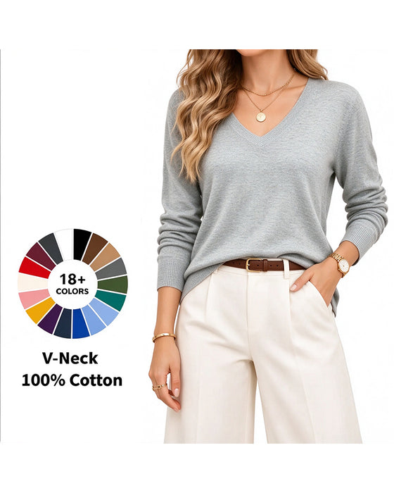 V-Neck Solid Long-Sleeved Pullover