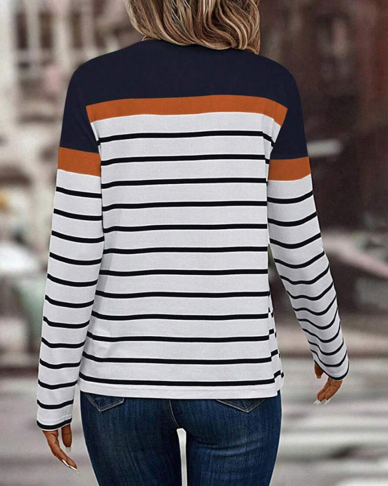 Casual Striped Print Contrast Color Half-Button Top