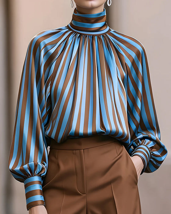 Stripe Shirred Turtleneck Blouse