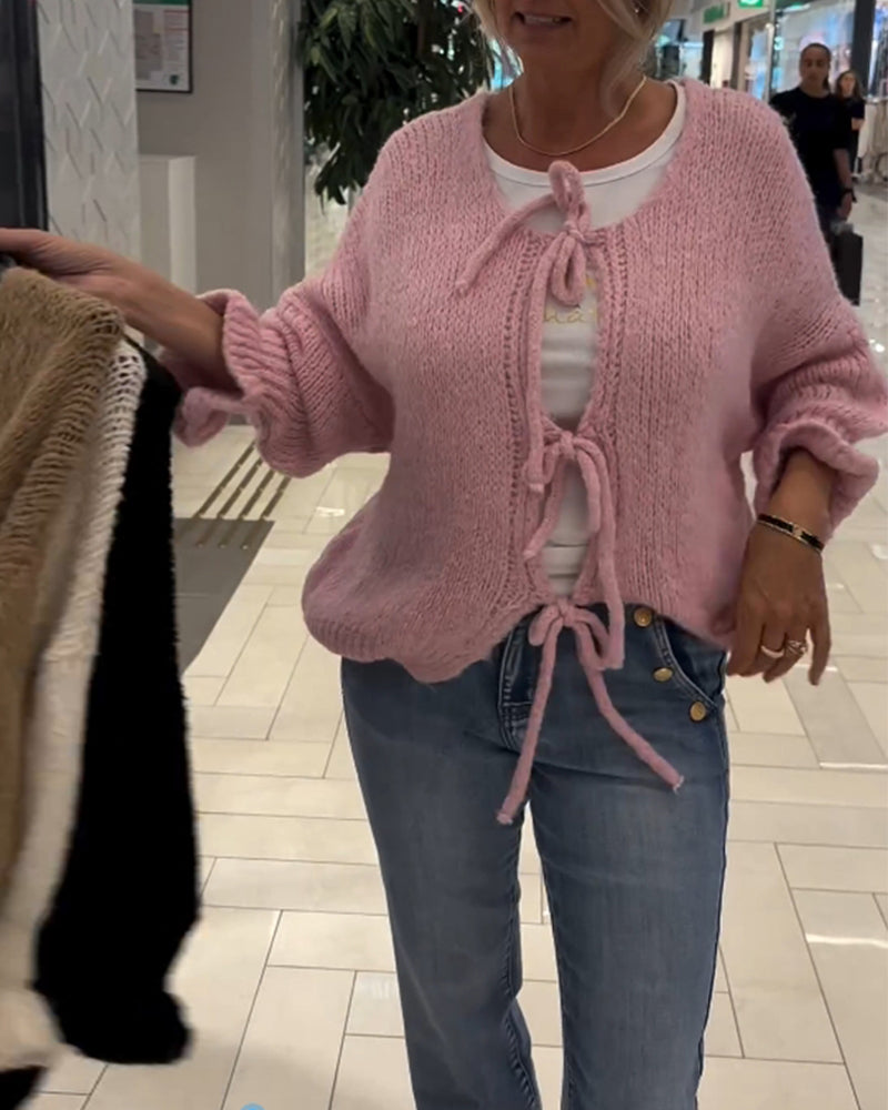 Casual solid color lace-up long-sleeve cardigan