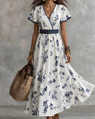 Flutter Sleeve V-Neck Cross Waist Dress