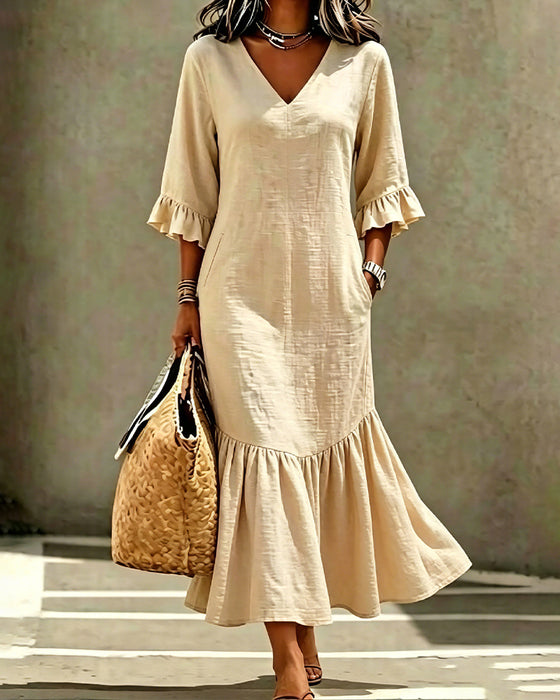 V-Neck Pocket Ruffle Fitted Dress