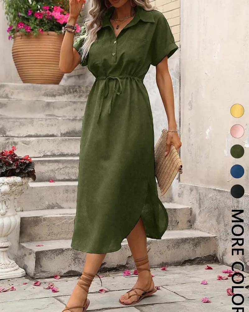 Lapel Waist-Cinching Shirt Dress