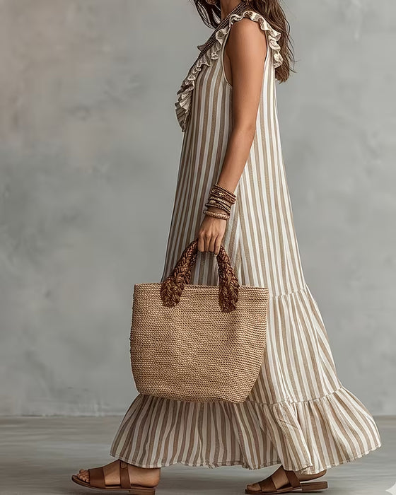Striped Ruffle V-Neck Sleeveless Dress