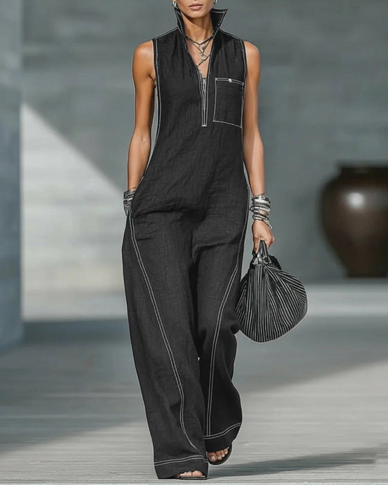 Mandarin Collar Sleeveless Black and White Wide-Leg Jumpsuits