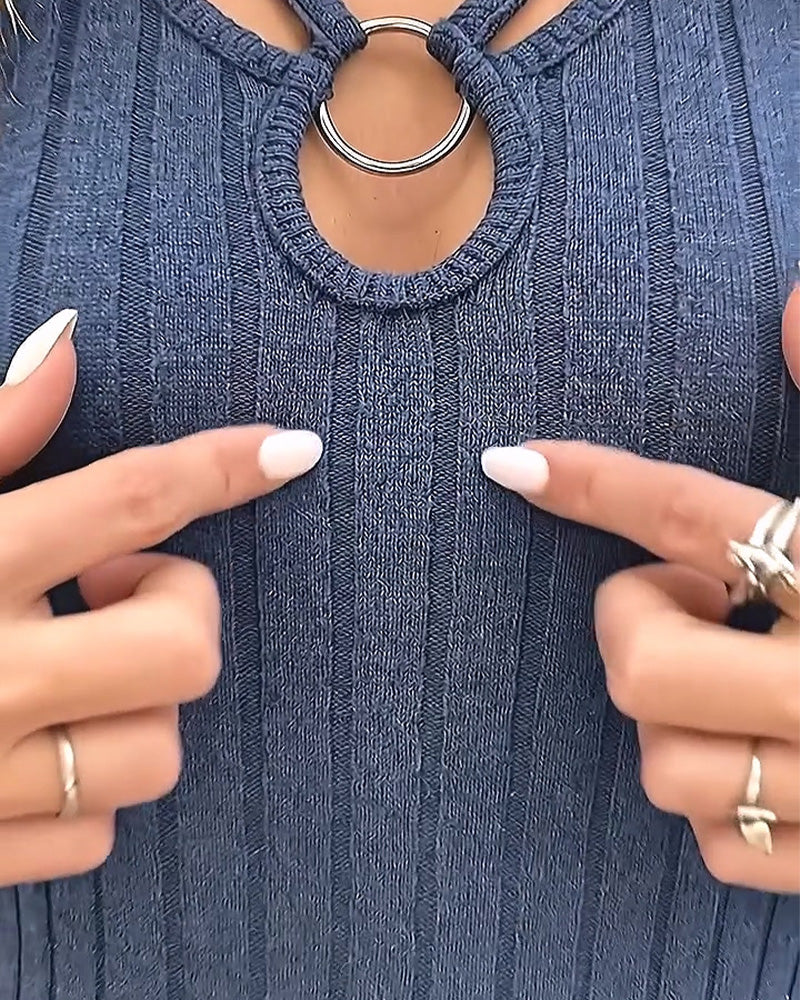 V-Neck Hollow Off-Shoulder Ribbed Top