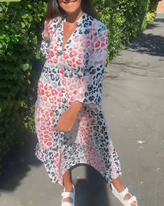 V-neck printed ruffle casual dress