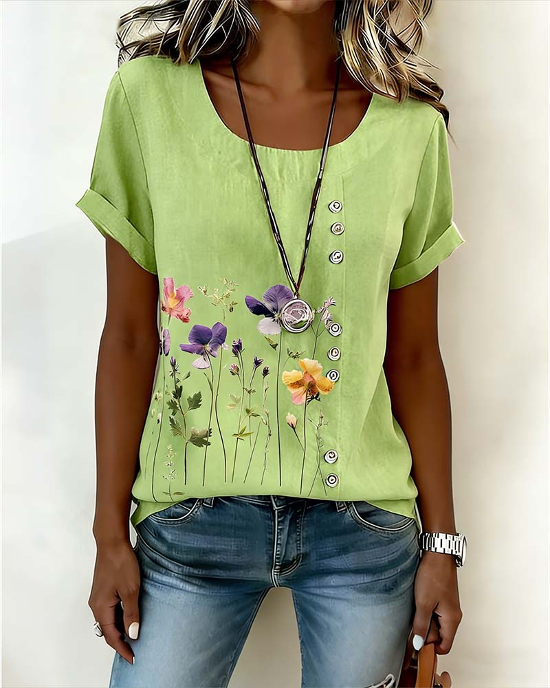 Floral Print Crew Neck Short Sleeve T-Shirt