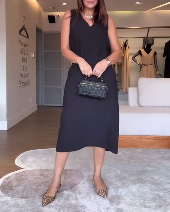 Casual V-neck Sleeveless Solid Color Split Dress