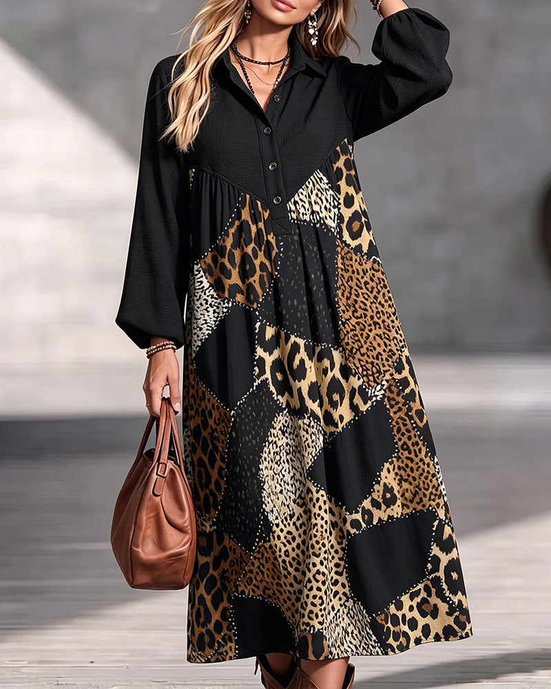 Leopard Color-Block Lapel Long Sleeve Dress