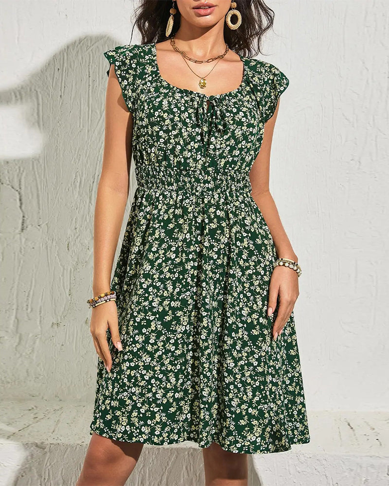 Crew Neck Elastic Shirring Floral Dress