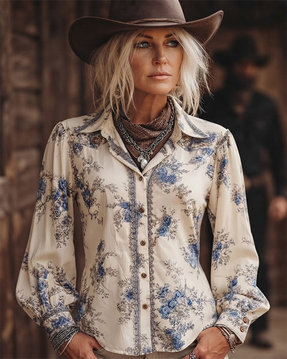 Vintage-Style Floral Long-Sleeve Shirt With A Collar