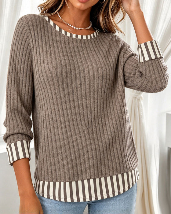 Crew Neck Ribbed Striped Patchwork Top