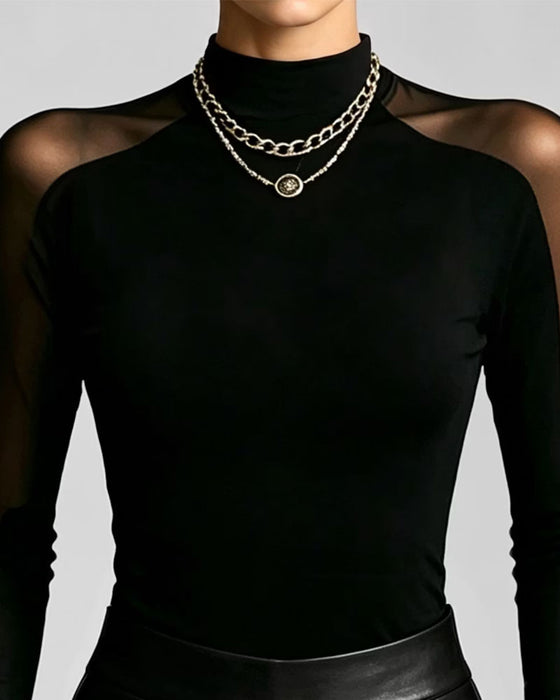 Sheer Mock Neck Slim-Fit Top