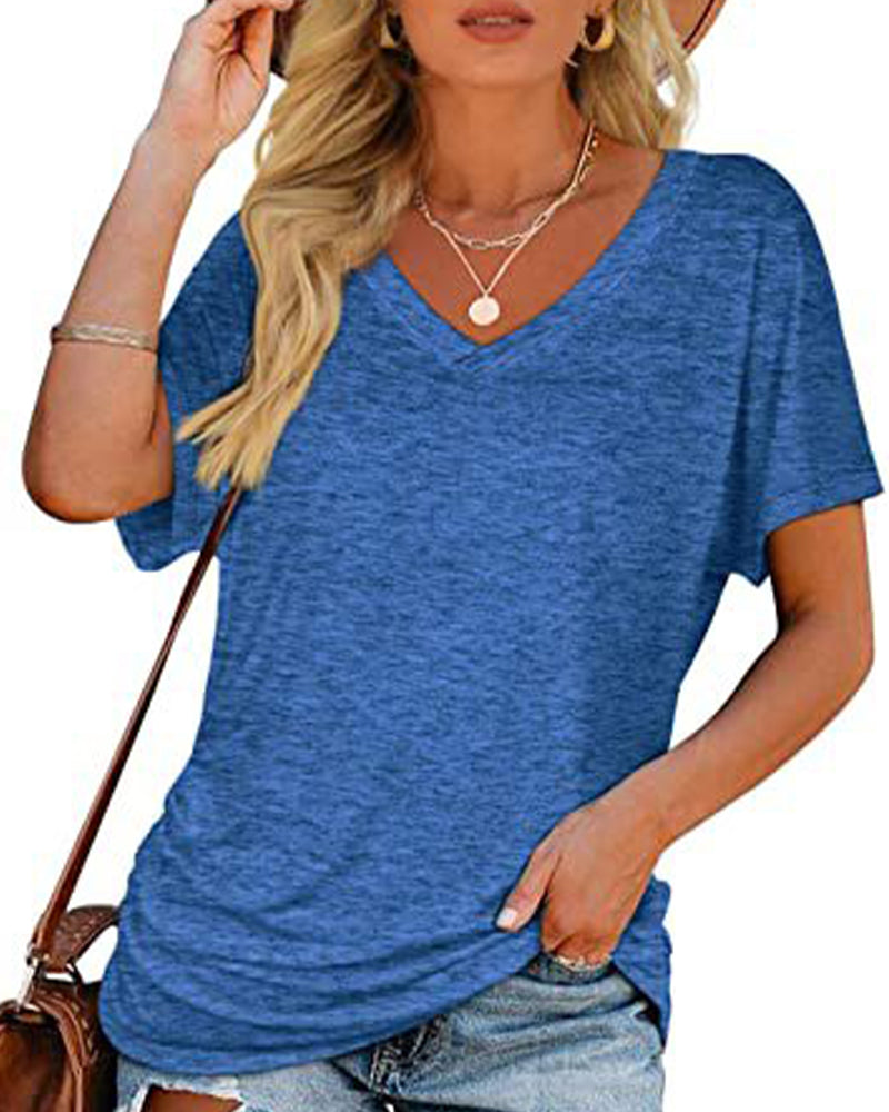 Pleated Solid Color V-Neck T-Shirt