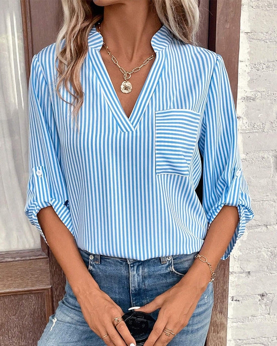 V-neck striped print casual blouse