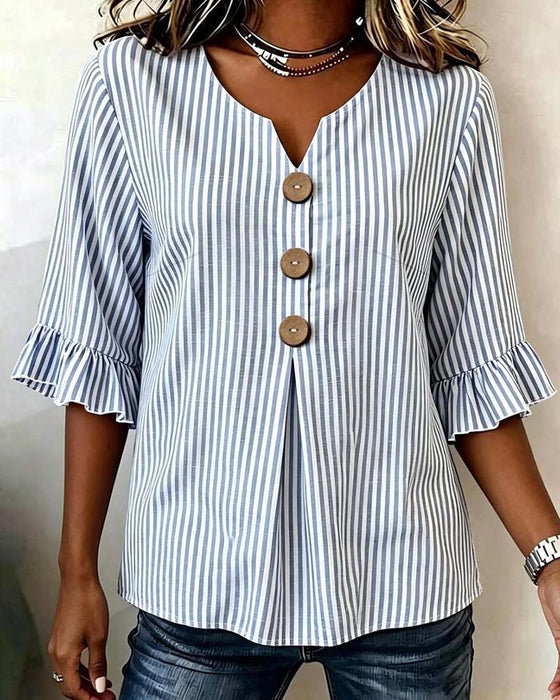 Mini V-Neck Ruffle Stripe Button Blouse