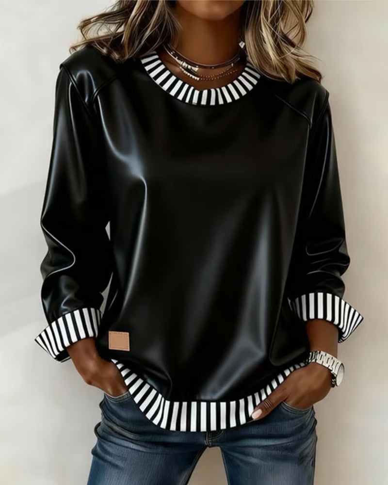 PU Spliced Vertical Stripe Round Neck Sweatshirt