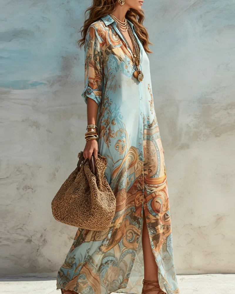 Vintage Oil Painting Print Shirt Maxi Dress