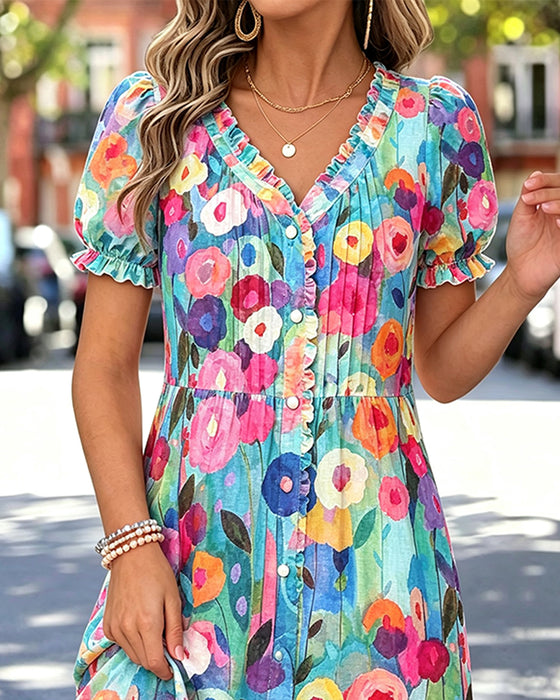 V-Neck Button Bubble Sleeve Dress