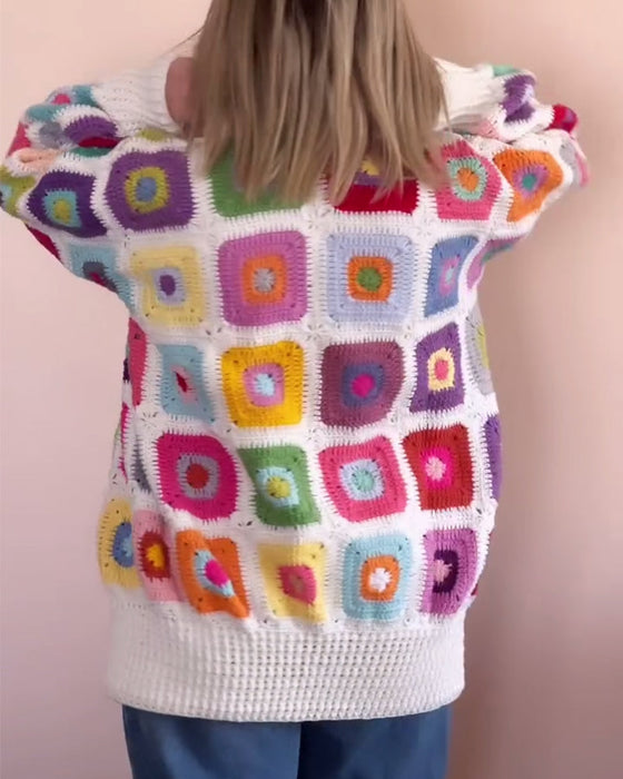 Lapel colorful square print cardigan