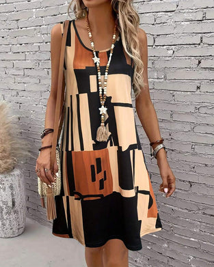 Sleeveless Crew Neck Retro Print Dress