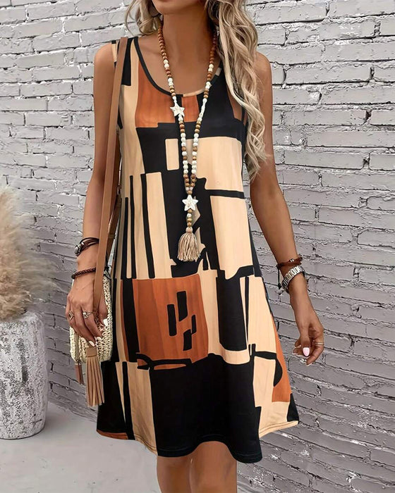 Sleeveless Crew Neck Retro Print Dress