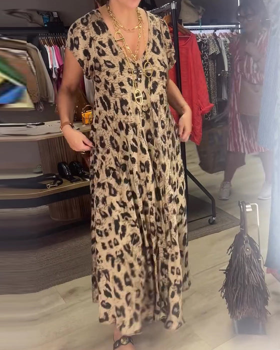 V-Neck Leopard Full Skirt Dress