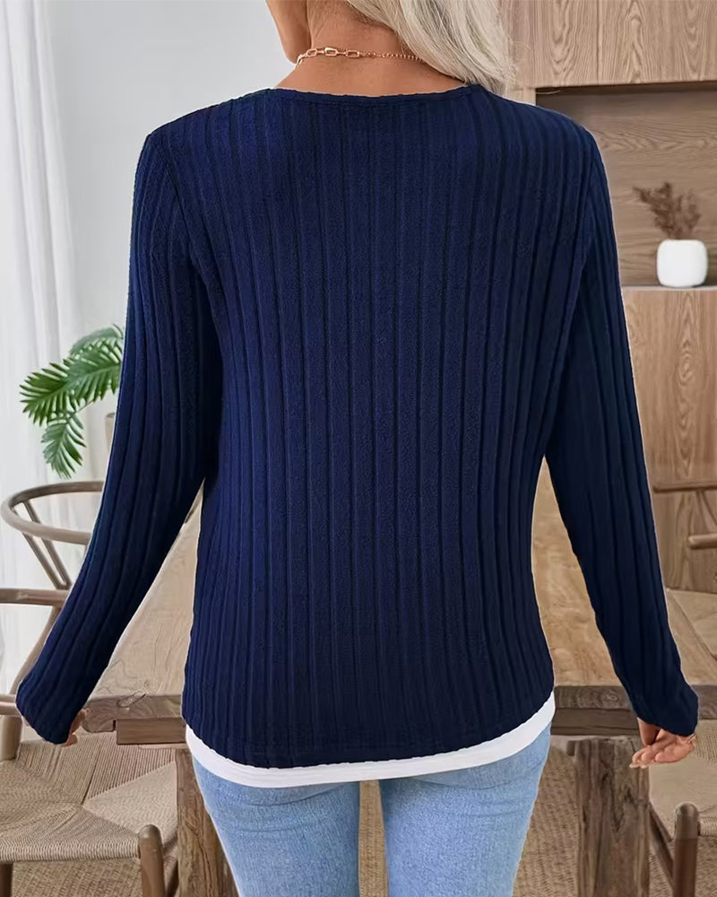 Fake Two-Piece Ribbed Brushed Top