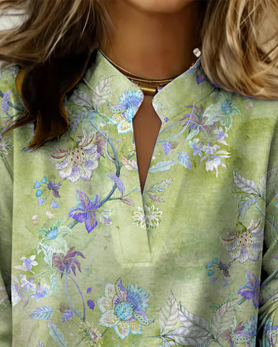 Stand-Up Collar Long-Sleeved Floral Blouse