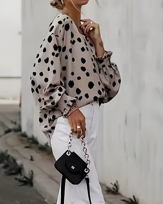 V-Neck Polka-Dot Puff Sleeve Blouse