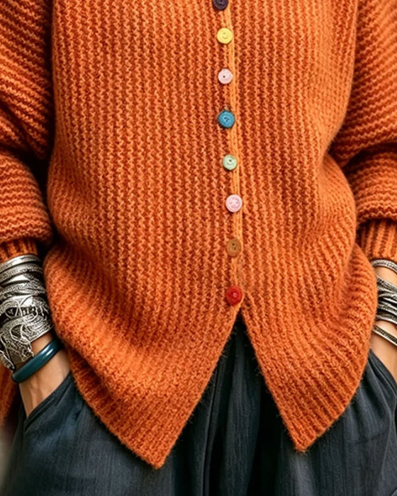 Color Button Ruffle Trim Knit Pullover