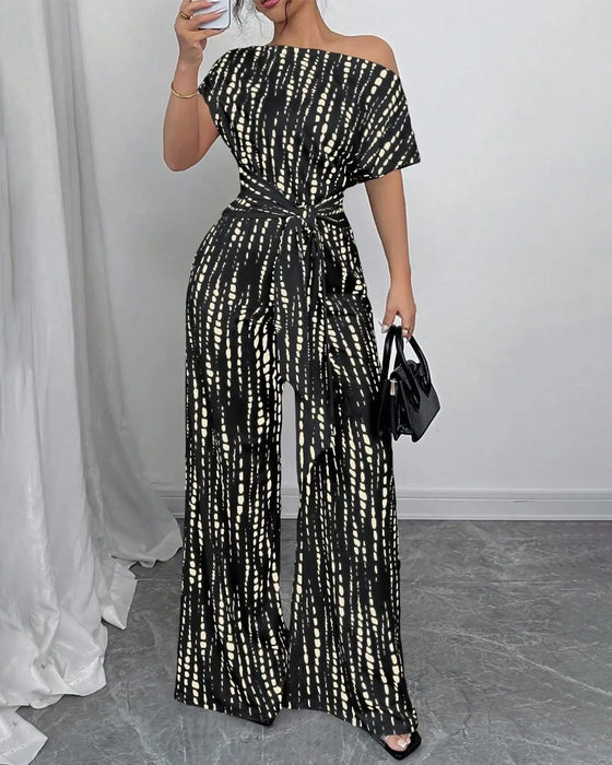 One-Shoulder Tie Wide Leg Jumpsuit