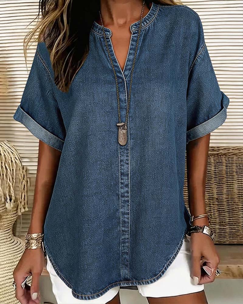 V-Neck Denim Short-Sleeve Blouses
