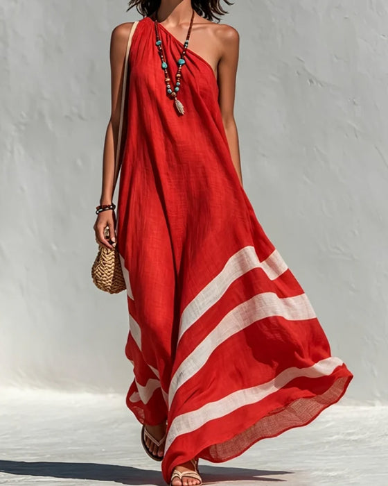 One-Shoulder Striped Color Block Full Skirt Dress