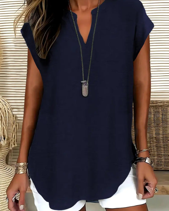 Casual Drop Shoulder V-Neck Short Sleeve Blouse