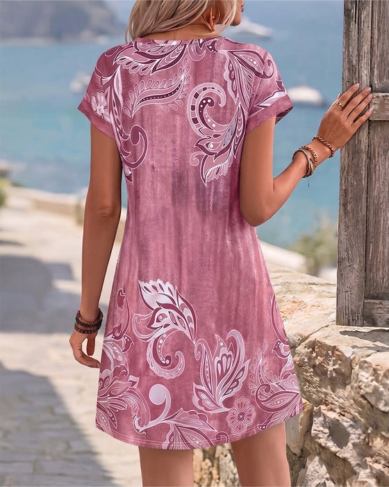V-Neck Half Placket Print Dress