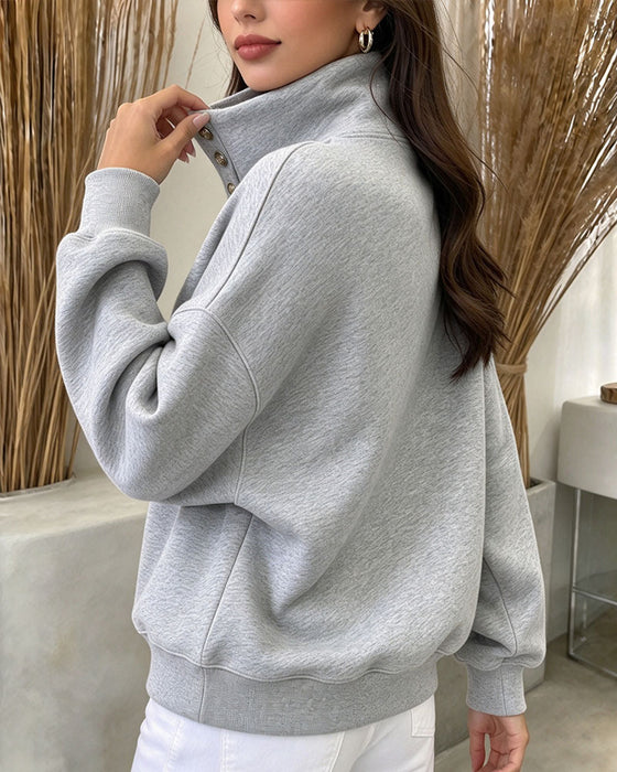 High Collar Buttoned Long Sleeve Sweatshirt