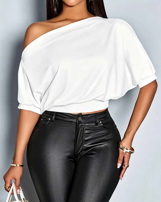 Solid Color One Shoulder T-shirt