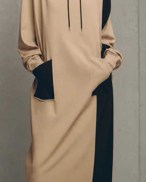 Contrast Hooded Pocket Drawstring Dress