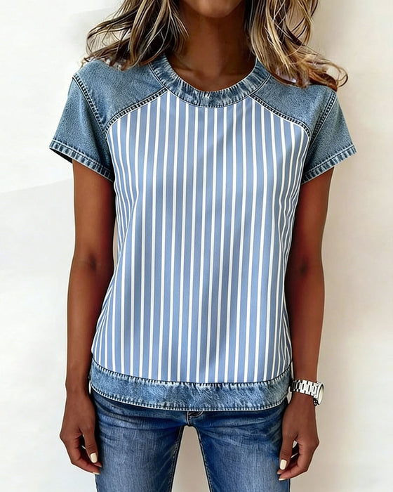 Denim Patchwork Striped Short Sleeve T-Shirt