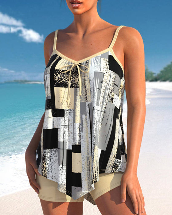 Lace-up printed tankini swimsuit