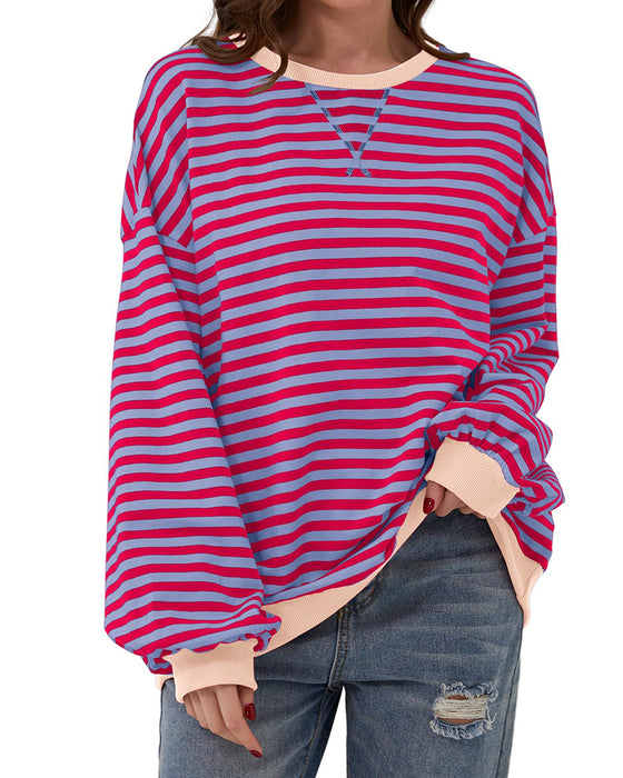Striped Round Neck Color Block T-Shirt
